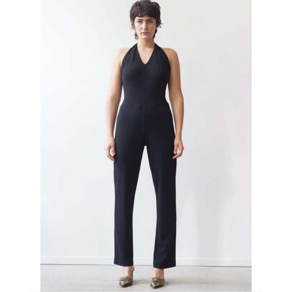 Donna Karen Vintage Jumpsuit Navy Blue Wool Jersey Halter Tie Plunging V-Neck, 4